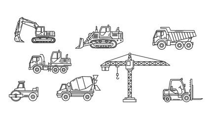Obraz premium Construction equipment line art illustration featuring excavator, bulldozer, crane, and forklift.