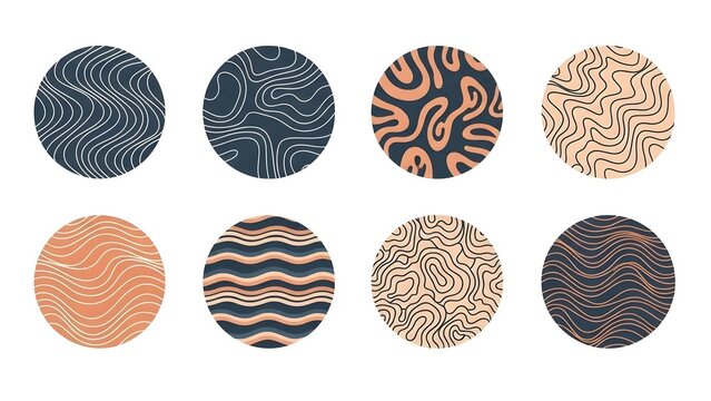 Eight circular shapes with wavy line patterns in blue, orange, and white colors.