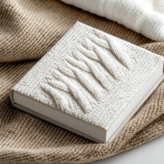 Close-up of a book with a knitted cover resting on a soft blanket, creating a cozy and warm atmosphere.