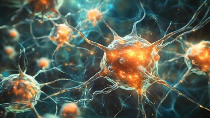 Microscopic view of neurons with glowing synapses and intricate neural networks showcasing brain cell activity and neurological connections