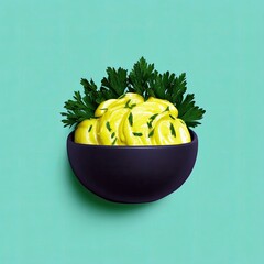 A close-up studio shot of a black bowl filled with yellow sauce and garnished with green parsley, set against a turquoise background.