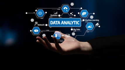 This image features a hand holding a digital representation of data analytics concepts, showcasing various elements that symbolize technology and data visualization. Tessel