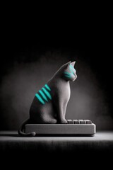 A gray cat statue with blue accents sits atop a keyboard in a dark, moody setting. The image is a studio shot with dramatic lighting.