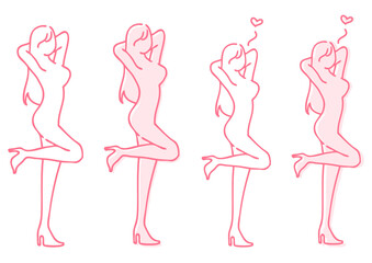 美容・ダイエット・美をイメージしたハート付きの女性・ピンクの線画でポーズをとる女性のアイコンセット