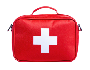 Red first aid kit, white cross, square bag, handle