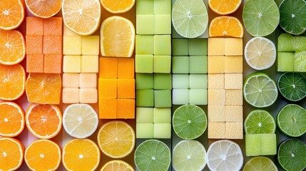 A top-down view showcases a colorful arrangement of citrus fruits, including oranges, lemons, and limes, cut into various shapes and arranged in a gradient.