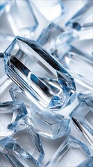 Close-up of clear crystal fragments with a blue tint, scattered on a white background. The image highlights the sharp edges and facets of the crystals.