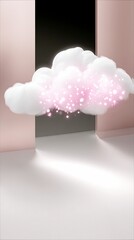 A fluffy cloud with pink sparkles floats through a portal, casting light onto a white floor, creating a dreamy and ethereal atmosphere.