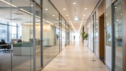 Office corridor with glass walls leading to a meeting area during working hours