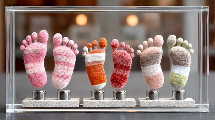 Colorful Baby Feet Sculpture in Clear Display Case Modern Keepsake
