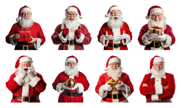 PNG Jolly Santas with festive gifts, element set on transparent background - Powered by Adobe