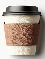 Close-up of a coffee cup with a black lid and a brown sleeve, set against a textured white background.