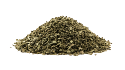 Loose pile of finely cut dry chives creating textured aromatic herb seasoning surface for culinary ingredient presentation isolated on white background