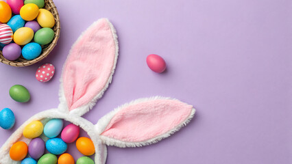 Easter celebration with colorful eggs and a bunny basket on a purple background