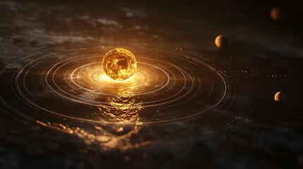 Glowing planet with orbiting moons and rings creates a stunning celestial display in the vastness of space showcasing cosmic beauty and wonder