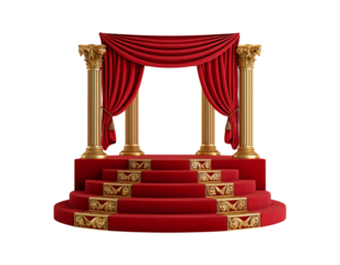 Majestic Red Carpet Podium with Golden Columns and Velvet Drapes on a transparent background
