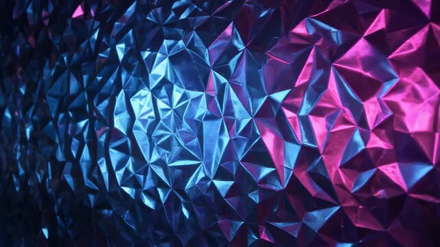 Abstract geometric metallic surface with vibrant blue and pink neon light reflections creating a dynamic textured background suitable for futuristic designs - Powered by Adobe