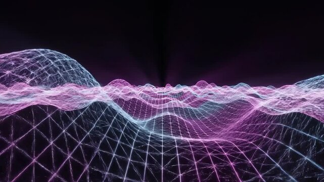 Abstract neon magenta and cyan wireframe mesh forming geometric wave structures moving seamlessly through a dark three dimensional space high tech, dark three dimensional space, professional