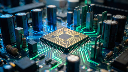 A glowing microprocessor on a computer circuit board with electronic components. Futuristic technology concept with blue and green light representing data processing