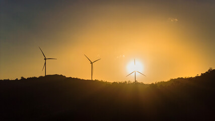 Panoramic view of wind farm or wind park, with high wind turbines for generation electricity with copy space. Green energy concept, Quang Tri, Vietnam
