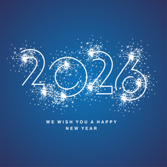 Plakat 2026 New Year modern white line design neon light type typography with sparkle firework. Sparklers in shape of 2026 sign logo icon blue background greeting card