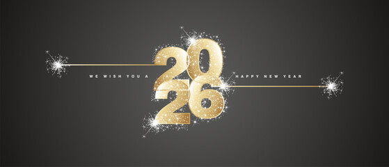 Happy New Year 2026 eve loading line design art numbers logo with sparkle fireworks stardust gold white black light vector wallpaper greeting card