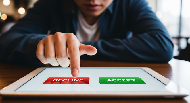 Person deciding to reject an offer by tapping the red decline button on a tablet screen