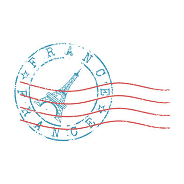 France blue postmark stamp with Eiffel Tower and red postal cancellation lines