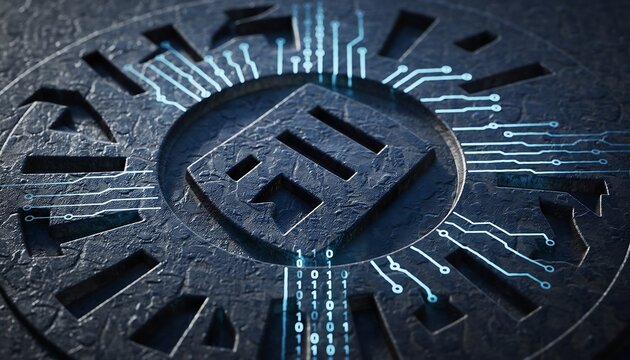 Modern tech industry concept with binary code and circuit board design on dark metallic surface, ideal for technology and innovation themes