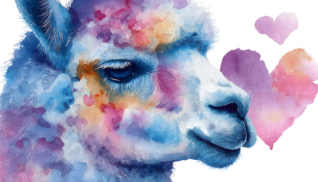 Cute watercolor llama gives heart . Clipart for romantic cards. Lovely animal illustration bestows affection. graphic resource ideal for heartfelt greeting invitation design printable