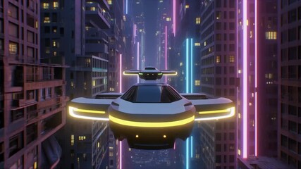 Futuristic flying car drones navigate a neon-lit cyberpunk city at night with towering skyscrapers and vibrant glowing light streaks illuminating the urban landscape - Powered by Adobe