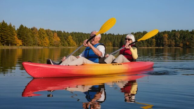 Un couple de seniors souriant fait du kayak sur un lac calme par une belle journ&eacute;e ensoleill&eacute;e.