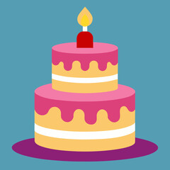 Two tier birthday cake with a single lit candle on a blue background