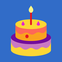 Colorful two tiered birthday cake with a single candle and festive decorations