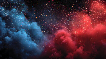 border frame 4th july red and blue fireworsks copyspace plain color background Top view. Patriotic celebration backdrop featuring vibrant red and blue pyrotechnic display against a simple