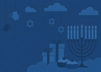 Obraz premium Blue hanukkah illustration with menorah dreidels and gifts