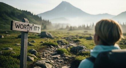 Hiker facing a distant mountain peak next to a trail sign asking the question Worth It?