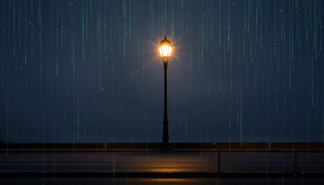 Luminous lantern illuminates a futuristic city street at night, under a vibrant green digital rain, creating a mysterious atmosphere perfect for science fiction