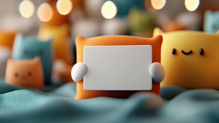 A cute cartoon character is holding a blank card, surrounded by other cartoon characters in a playful and colorful setting.