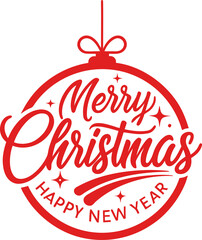 &ldquo;Clean minimal Christmas greeting logo with bold red circular ornament outline, elegant calligraphy &lsquo;Christmas&rsquo; text, small uppercase &lsquo;Merry&rsquo; above, and &lsquo;& Happy New Year&rsquo; below, flat red design, long