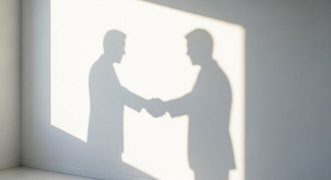Shadow of two businessmen shaking hands projected on a wall symbolizing a corporate agreement - Powered by Adobe