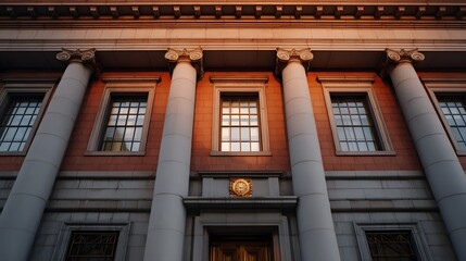 Obraz premium Classical building facade with grand columns illuminated by warm sunlight