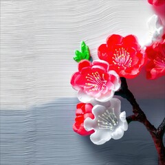 Close-up of vibrant red and white cherry blossoms on a branch, set against a textured white and gray background. The image evokes a sense of spring and natural