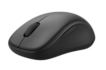 Wireless black optical computer mouse with scroll wheel and side buttons, modern electronic peripheral device on transparent background