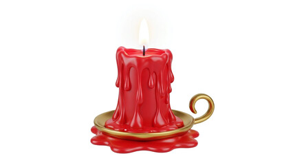 3D red Christmas candle with melted wax details and golden holder soft warm glow