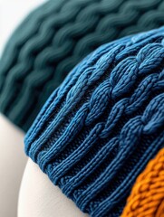 Close-up studio shot of several colorful knitted beanies, showcasing texture and detail. Focus on the blue beanie.