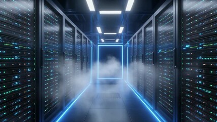 Futuristic server room with glowing blue lights and swirling fog creating a high-tech digital data center environment, advanced technology infrastructure concept - Powered by Adobe
