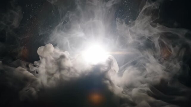 Cinematic close-up of an intense pure white light source beaming through thick atmospheric volumetric smoke and dark mist abstract, mystery, power