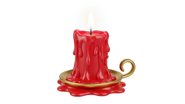 3D red Christmas candle with melted wax details and golden holder soft warm glow