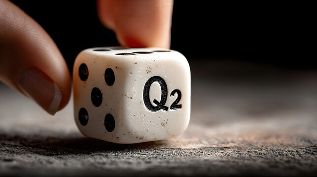 Symbol for the 3rd Quarter of the year. Hand turns dice and changes the expression Q2 to Q3. A hand manipulates a cube altering its face to display the numeral three signifying
